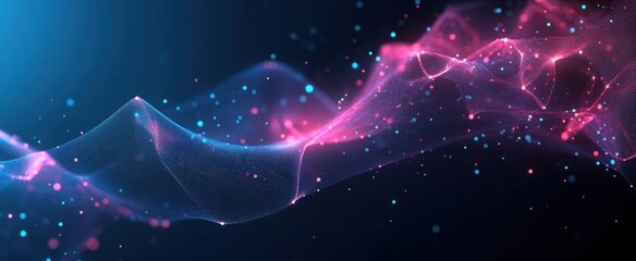Obraz premium Abstract flowing wave of glowing pink and blue particles and mesh lines against a dark background creating a dynamic and futuristic digital landscape