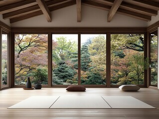 Fototapeta premium Rustic Japanese cabin with shoji screens, exposed wooden beams, and a warm, cozy ambiance
