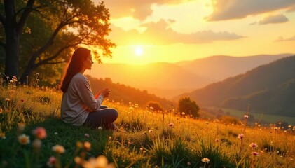 Fototapeta premium Serene landscape bathed in golden sunlight, conveying a sense of peaceful contemplation and quiet prayer Perfect for themes of faith, spirituality, and inner peace , light, hope, photo
