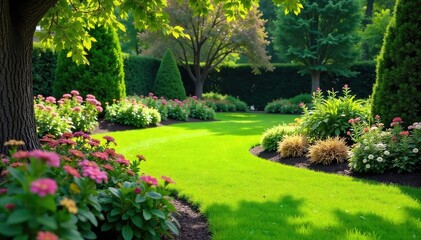Serene landscape design featuring lush greenery, meticulously manicured lawns, and vibrant flowerbeds  A perfect example of professional landscaping enhancing natural beauty ,  tranquil,  lawn