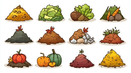 Collection d'icônes de compost et de produits agricoles dessinés à la main