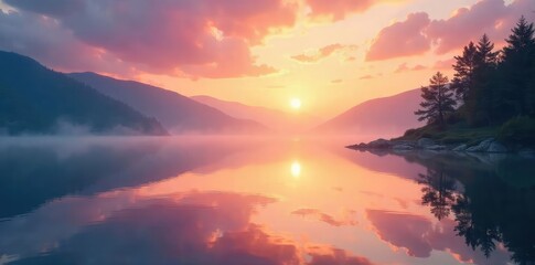 Fototapeta premium Serene sunrise over a tranquil lake, reflecting soft pastel colors A peaceful and uplifting image evoking feelings of spiritual connection and inner calm , quiet, calm, serenity