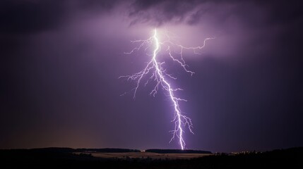 Dramatic lightning strike illuminating dark storm clouds in the sky, symbolizing raw natural power, high voltage energy, danger, weather force, and atmospheric tension during a thunderstorm