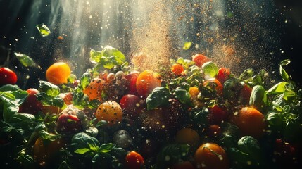 A vibrant mix of tomatoes, basil, and spices suspended in air with dramatic lighting. This evokes freshness, healthy eating, or the magic of culinary creation.