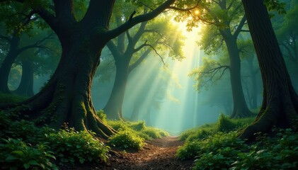 Sunlight dapples through the dense canopy of a wild, untamed forest, illuminating the lush undergrowth and ancient trees A sense of mystery and untamed beauty pervades the scene , woods, light