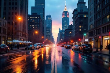 Fototapeta premium Urban cityscape at dusk, skyscrapers and streetlights reflecting in wet pavement , shadows, evening city, architecture