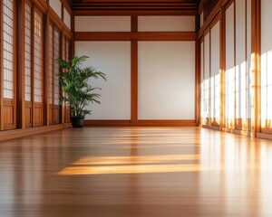 Fototapeta premium Sunlit shojilined hallway in a classic Japanese house, offering a soft, diffused glow throughout the space