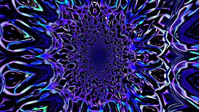 Electric abstract tunnel with shifting violet and cyan patterns &mdash; ideal for music videos, visuals, or tech-themed backdrops.