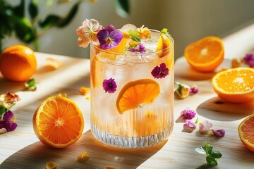 Refreshing citrus drink in a glass with ice, orange slices, and colorful edible flowers on a wooden surface surrounded by halved and whole oranges under natural sunlight