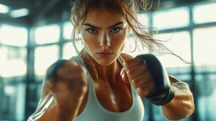 Focused young woman wearing hand wraps intensely training boxing punches indoors in a sunlit gym