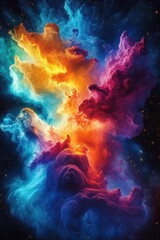 Vibrant cosmic nebula with swirling clouds of blue, purple, orange, and yellow glowing in deep space, evoking a sense of mystery and grandeur