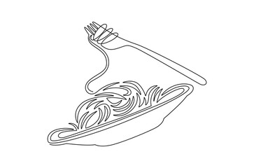 Continuous one line drawing of Pasta and spaghetti. Single line drawing illustration of Noodle on plate with fork. Restaurant business concept vector art. Doodle line illustration.