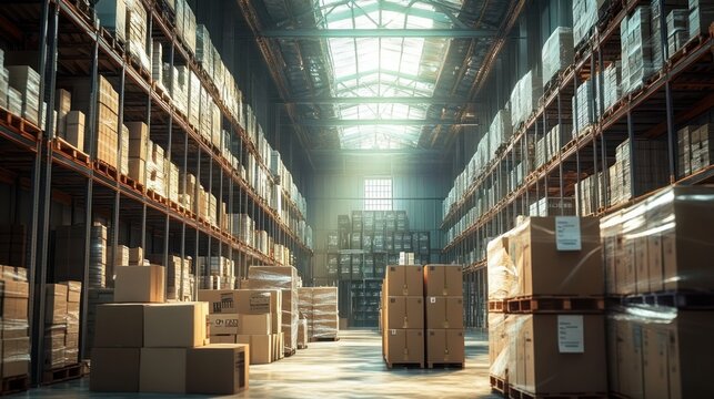 Spacious warehouse interior with tall racks filled with stacked cardboard boxes and pallets in warm natural light through high ceiling windows