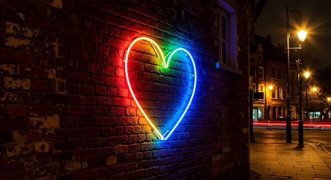 A vibrant, multi-colored neon heart sign illuminates a dark brick wall on an urban street corner at night, with streetlights and car light trails in the background. - Powered by Adobe