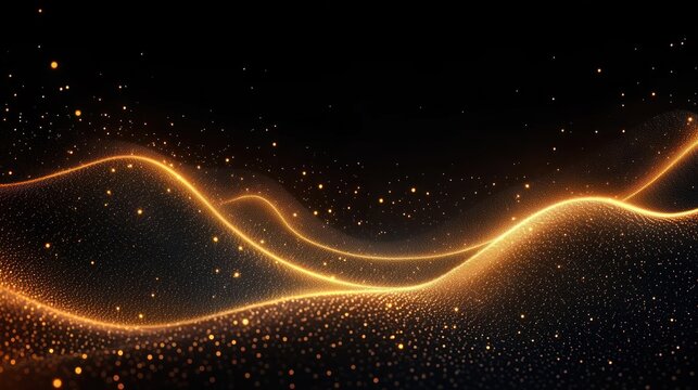 Glowing golden wave of particles flowing dynamically against a dark background with sparkling light dots creating a sense of energy and motion