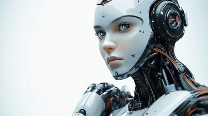 close-up of a humanoid robot with realistic human-like facial features and blue eyes displaying a serene expression with mechanical and electronic components visible