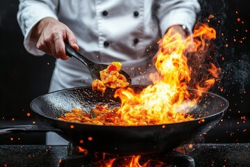 Chef cooking stir-fry vegetables in a wok with vibrant flames and sparks creating an intense and dynamic cooking scene