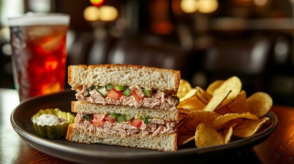 Delicious tuna sandwich with chips, pickle, and drink on a plate