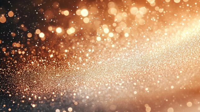 Shimmering golden and bronze glitter particles scattered with glowing bokeh lights creating a sparkling and festive atmosphere