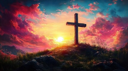 Wooden cross on a grassy hill at sunset with vibrant colorful sky and glowing sun behind, evoking a peaceful and spiritual atmosphere