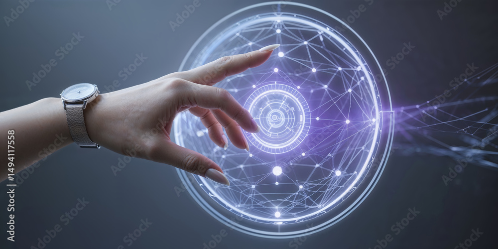 Poster digital interaction with a glowing sphere surrounded by networks and connections in a futuristic set