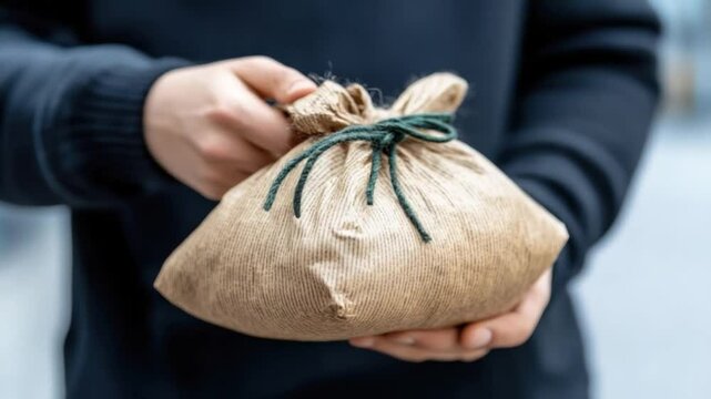 Person holding a small sack made of burlap fabric with a twine closure in a blurred outdoor setting