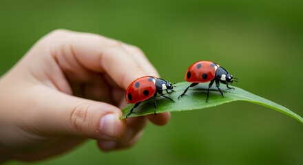 Obraz premium Two Ladybugs Resting on a Leaf with a Human Hand Nearby
