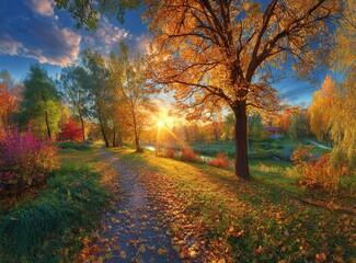 Naklejka premium Autumn Park Path at Sunset