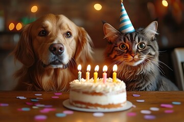 A golden retriever and a tabby cat wearing a party hat sit together behind a birthday cake with lit candles on a table scattered with colorful confetti
