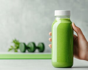 A fitnessinspired matcha smoothie bottle with dumbbells and yoga mat in the background