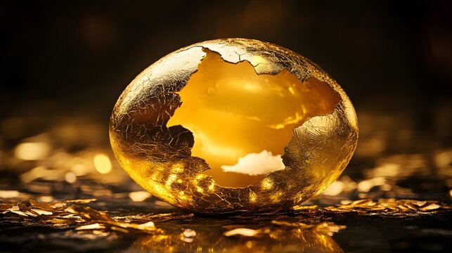 Golden egg shell with a cracked interior, revealing a radiant inner light.