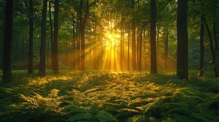 Golden sunlight streams through forest canopy. Lush ferns carpet the forest floor