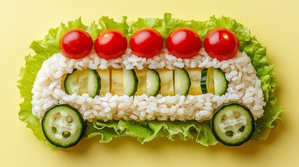 Food art bus rice, tomatoes, and cucumber