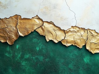 Obraz premium Close-up of textured wall with peeling layers showing cracked gold paint over white and dark green surface creating abstract rugged pattern