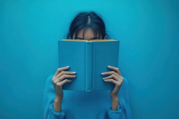 young woman holding and reading a blue hardcover book in front of her face against a blue background with focused and calm mood