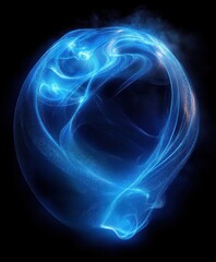 Glowing blue swirling energy orb with wispy and smoky abstract patterns on black background