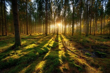 Golden Sunlight Streams Through Autumn Forest