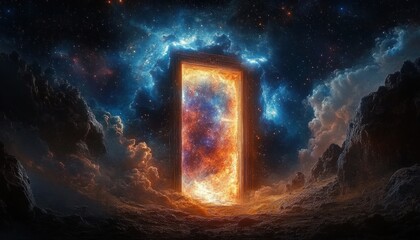 Obraz premium Glowing fiery portal standing alone in a dark rocky landscape surrounded by luminous blue and orange cosmic clouds and distant stars