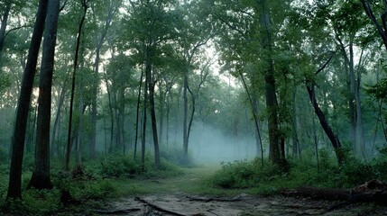 Fototapeta premium Dense forest at dawn with early morning mist, fallen leaves scattered on the ground and visible animal tracks creating a mysterious natural atmosphere