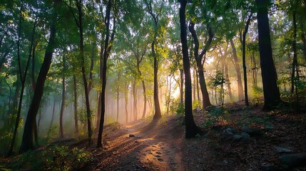 Fototapeta premium Dense forest at dawn with early morning mist, fallen leaves scattered on the ground and visible animal tracks creating a mysterious natural atmosphere
