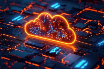 Glowing orange digital cloud icon with blue circuit patterns on a dark futuristic microchip board emitting ambient light