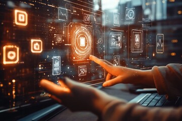 Person interacting with a futuristic digital touch screen interface displaying data charts and icons in a modern high-tech environment