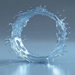 A dynamic circular splash of water frozen in mid-air on a smooth reflective surface with droplets suspended around it