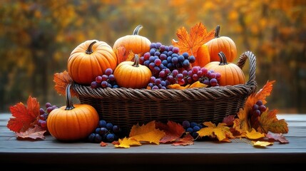 Wicker basket filled with small pumpkins and bunches of ripe purple grapes surrounded by colorful autumn leaves on wooden surface with blurred fall foliage background