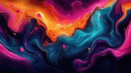 vibrant swirling fluid of orange, pink, blue, and purple hues creating an abstract and dynamic marbled pattern with flowing movement and depth