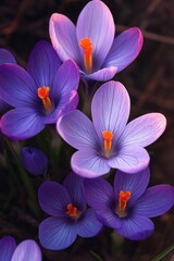 Close-up of blooming purple crocus flowers with vibrant orange stamens in soft natural light, showcasing delicate petals and early spring beauty