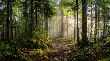 Obraz premium Dense forest at dawn with early morning mist, fallen leaves scattered on the ground and visible animal tracks creating a mysterious natural atmosphere