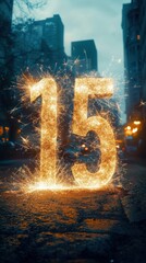 Bright glowing golden sparklers forming the number fifteen on a city street at dusk with blurred buildings and streetlights in the background