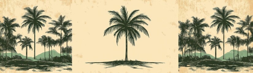Vintage style illustration of various palm trees and tropical foliage with distant hills on a textured beige background