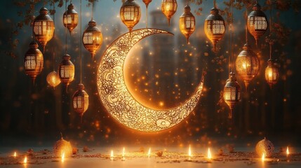 Intricately designed glowing crescent moon surrounded by hanging ornate lanterns and lit candles creating a warm, magical ambiance